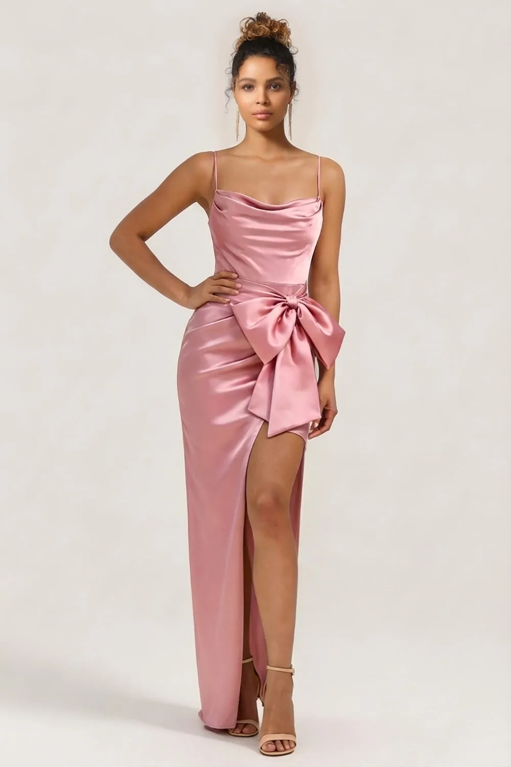 Blush Pink Mermaid Satin Bowed Long Bridesmaid Dress with Slit sold by Wedtrend