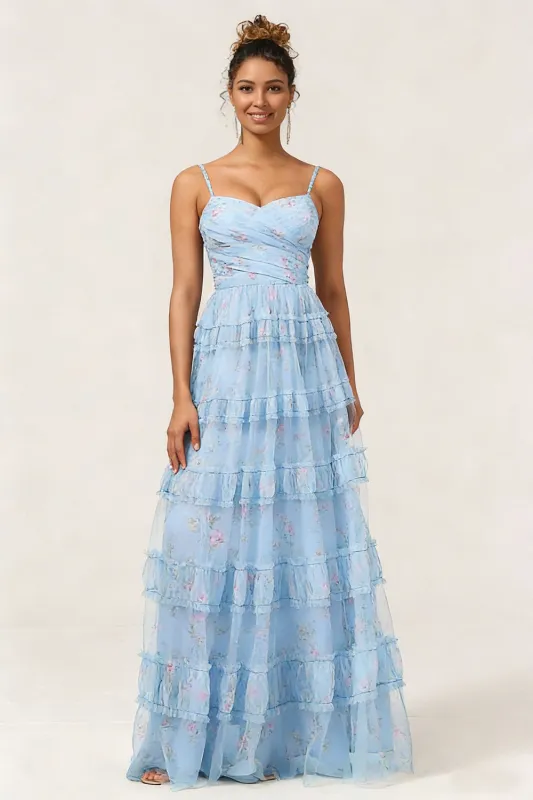 Blue Floral Printed A Line Tiered Ruffle Long Bridesmaid Dress made by Wedtrend