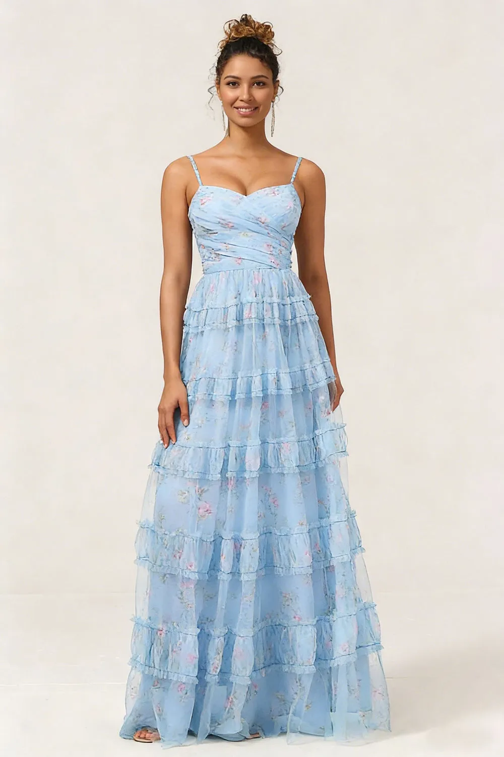 Blue Floral Printed A Line Tiered Ruffle Long Bridesmaid Dress sold by Wedtrend