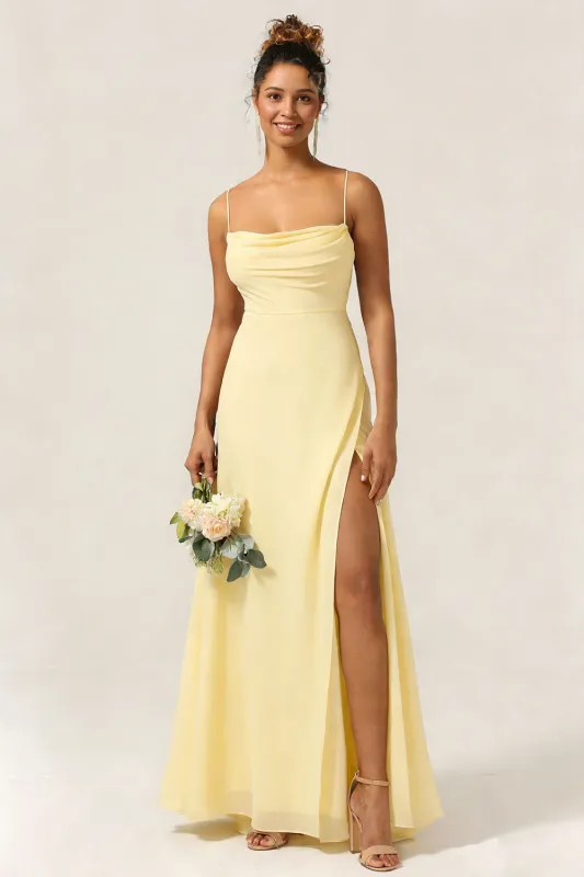 Daffodil A Line Spaghetti Straps Chiffon Long Bridesmaid Dress with Slit sold by Wedtrend