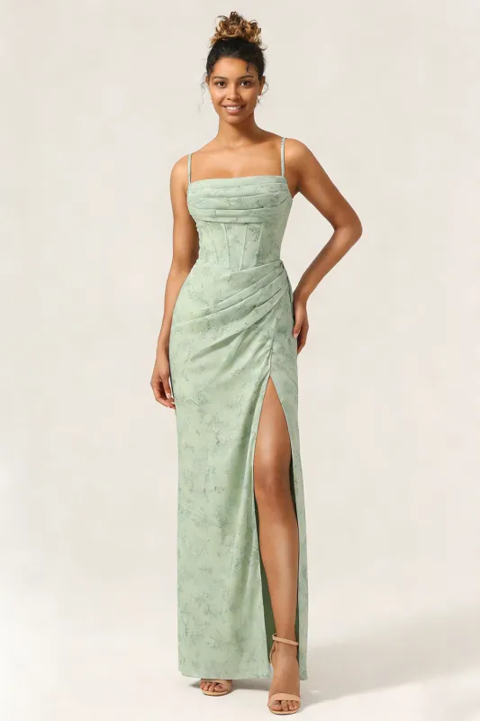 Green Flower Mermaid Corset Chiffon Long Bridesmaid Dress with Slit made by Wedtrend