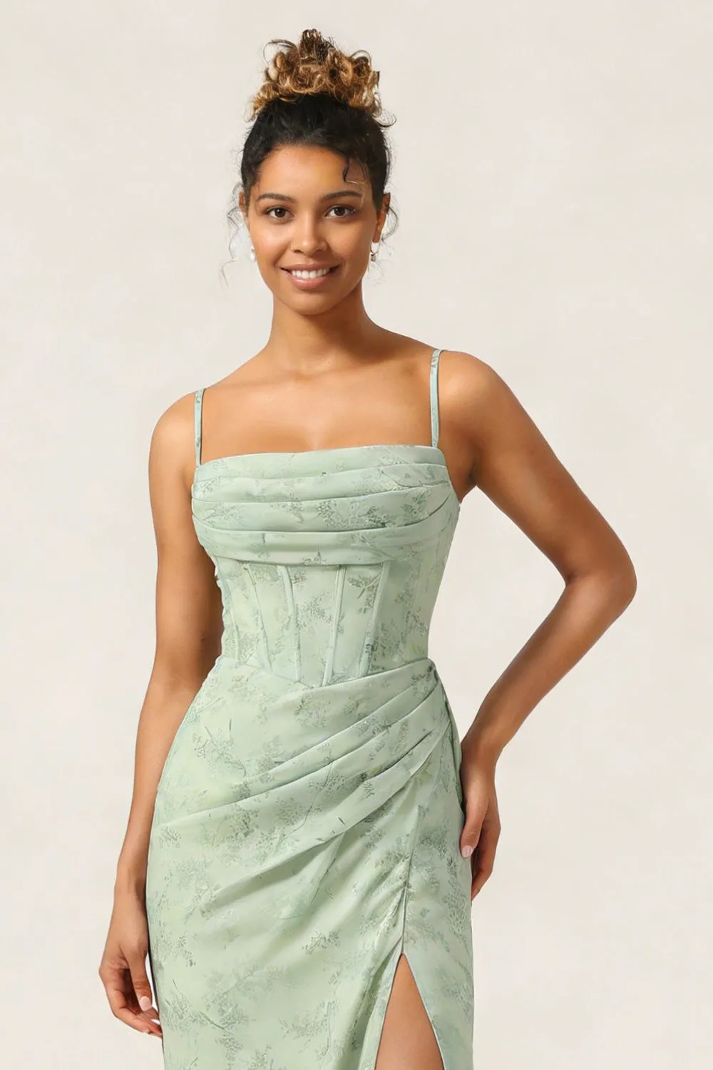 Green Flower Mermaid Corset Chiffon Long Bridesmaid Dress with Slit sold by Wedtrend product image thumbnail 3