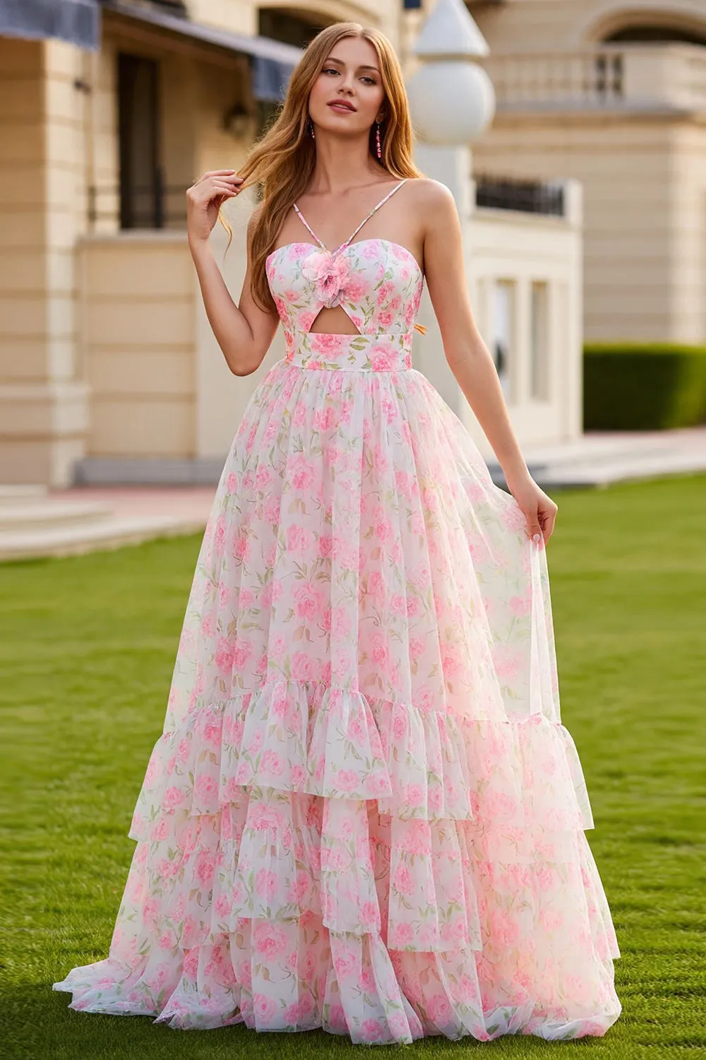 Blue Flower A Line Printed Cut Out Tiered Ruffle Long Prom Dress sold by Wedtrend product image thumbnail 5