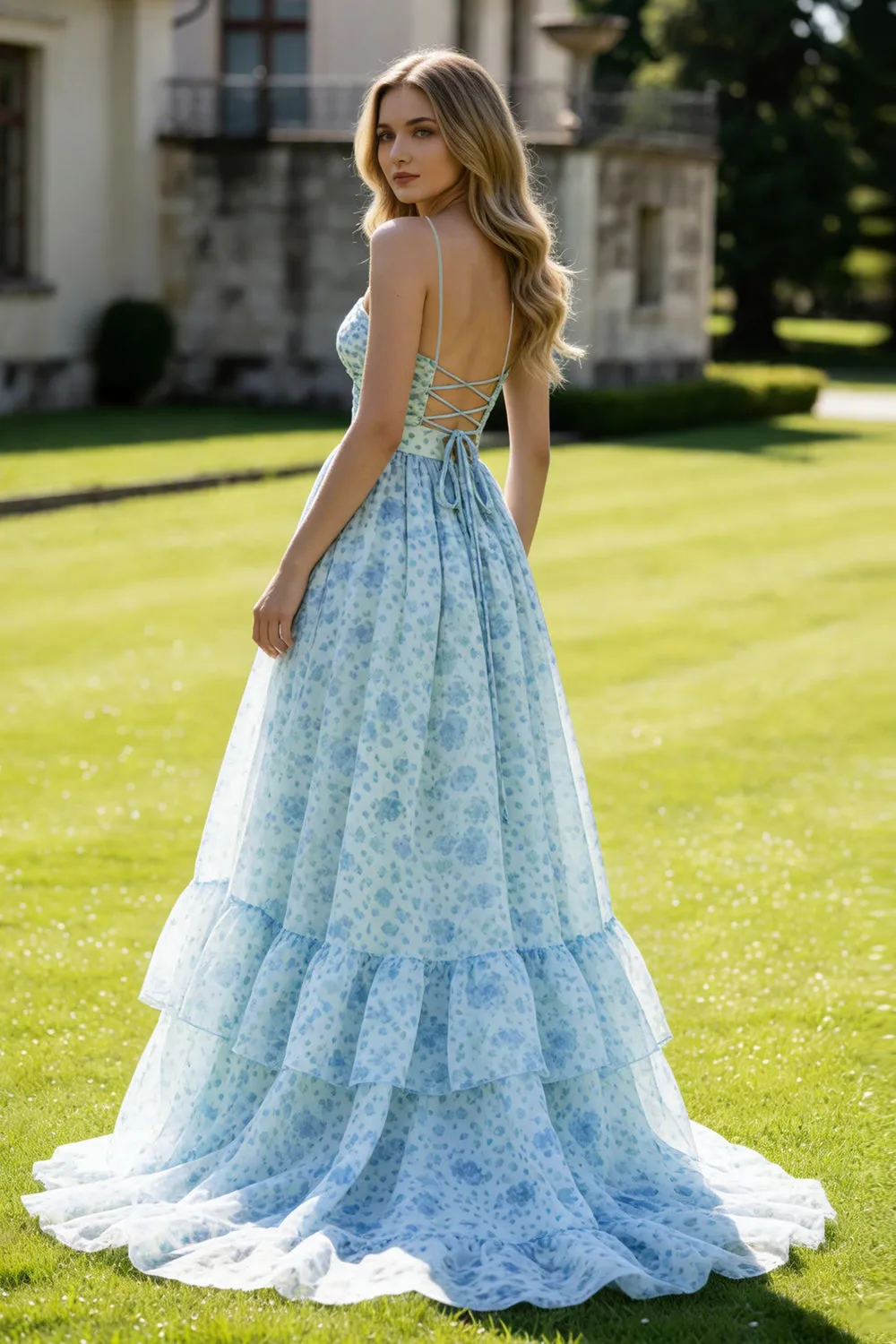 Blue Flower A Line Printed Cut Out Tiered Ruffle Long Prom Dress sold by Wedtrend product image thumbnail 2