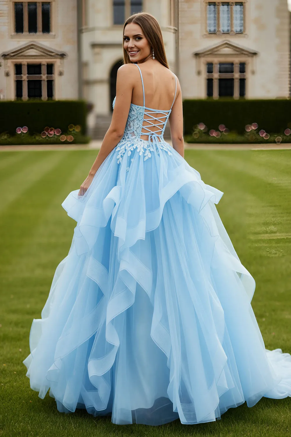 Sky Blue A Line Appliqued Corste Tulle Long Prom Dress with Ruffles sold by Wedtrend product image thumbnail 2