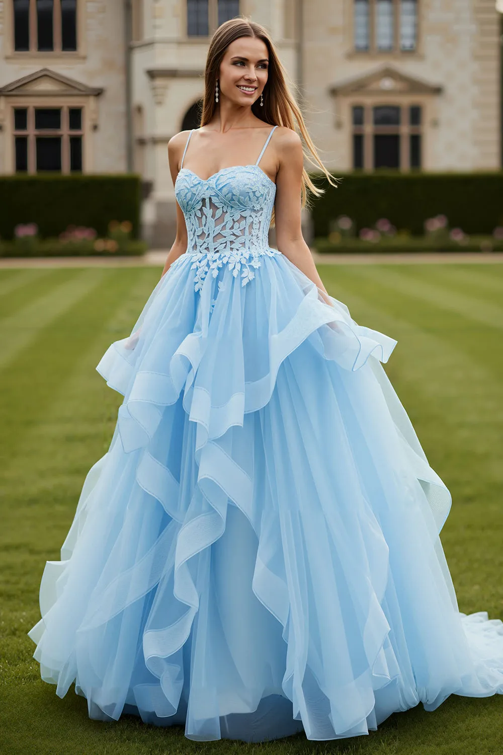 Sky Blue A Line Appliqued Corste Tulle Long Prom Dress with Ruffles sold by Wedtrend