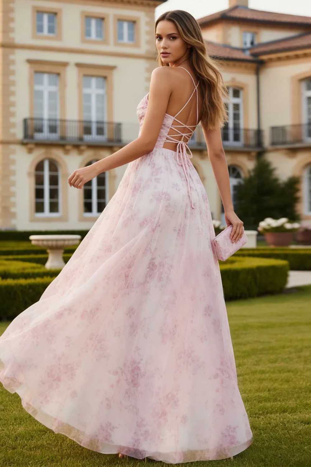 Blush Flower A Line Printed Long Prom Dress with Slit sold by Wedtrend product image thumbnail 2