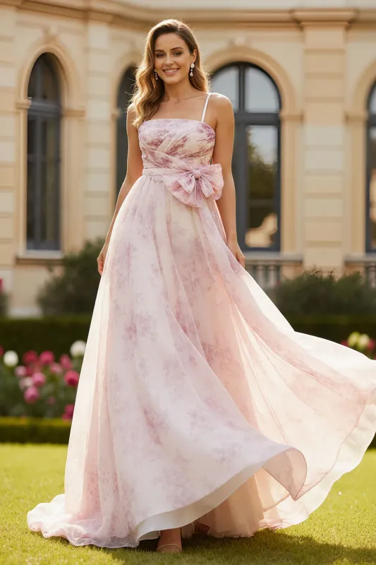 Blush Flower A Line Printed Ruched Long Prom Dress with Bow sold by Wedtrend