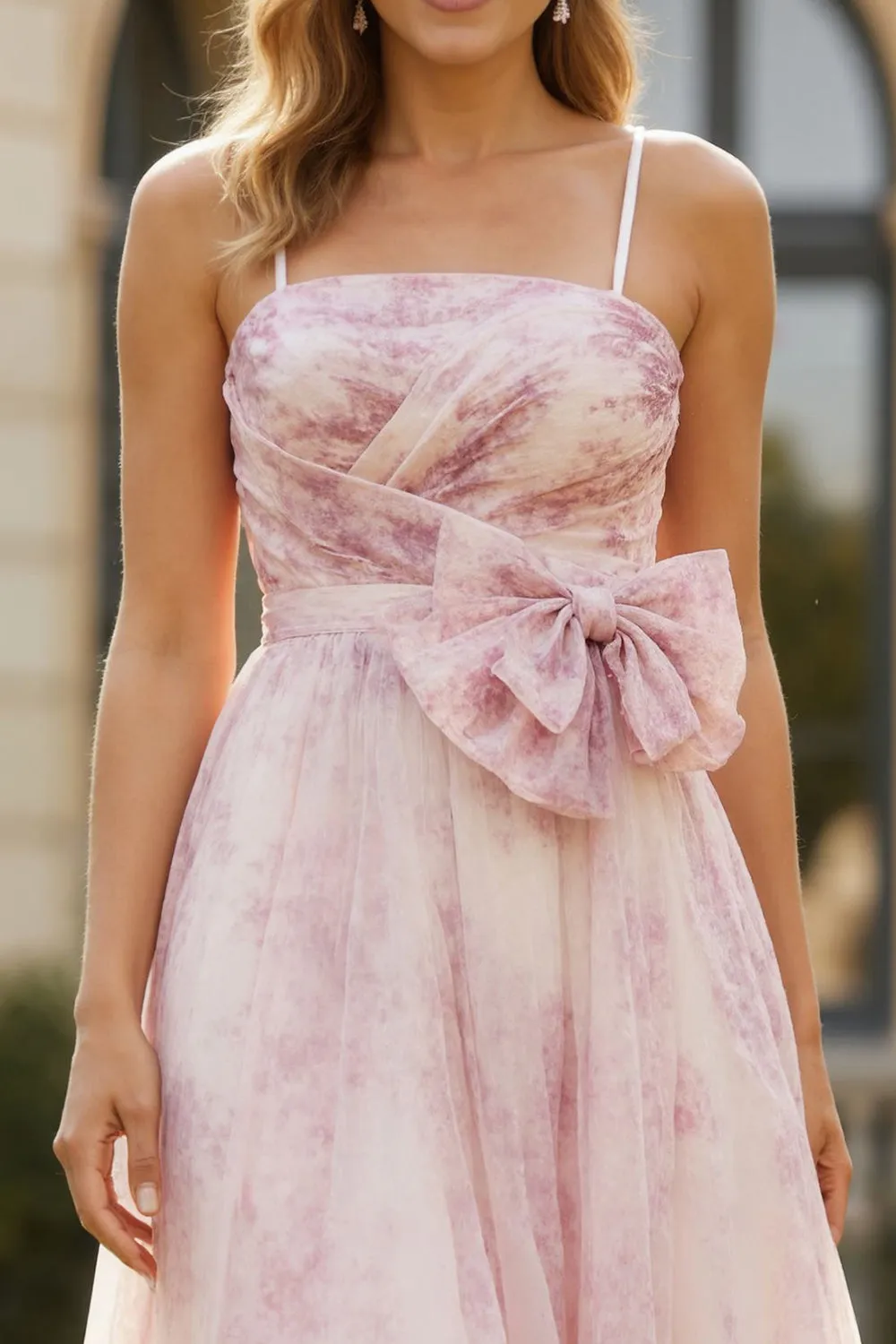 Blush Flower A Line Printed Ruched Long Prom Dress with Bow sold by Wedtrend product image thumbnail 3