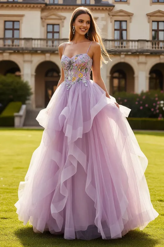 Lilac Floral Beaded A Line Tulle Ruffle Long Prom Dress sold by Wedtrend