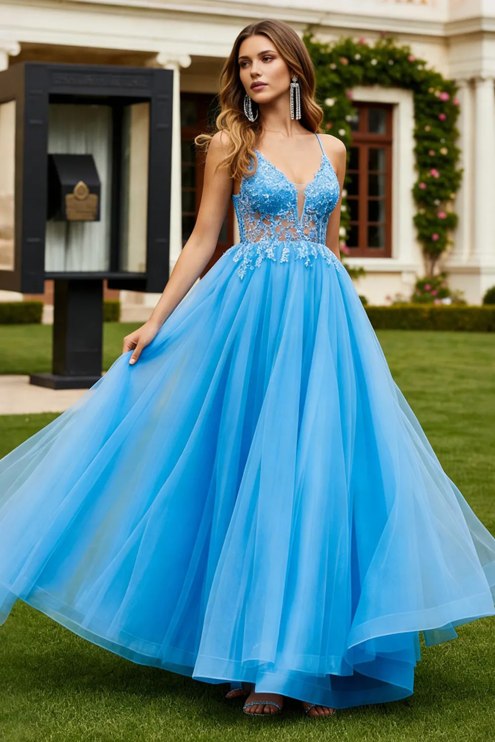 Blue A Line Appliqued Long Prom Dress with Slit sold by Wedtrend product image thumbnail 3