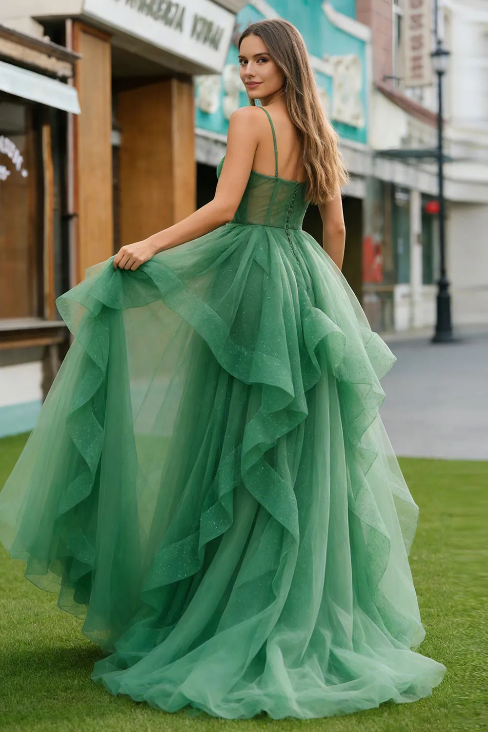 Glitter Dark Green A Line Ruffle Long Prom Dress sold by Wedtrend product image thumbnail 2