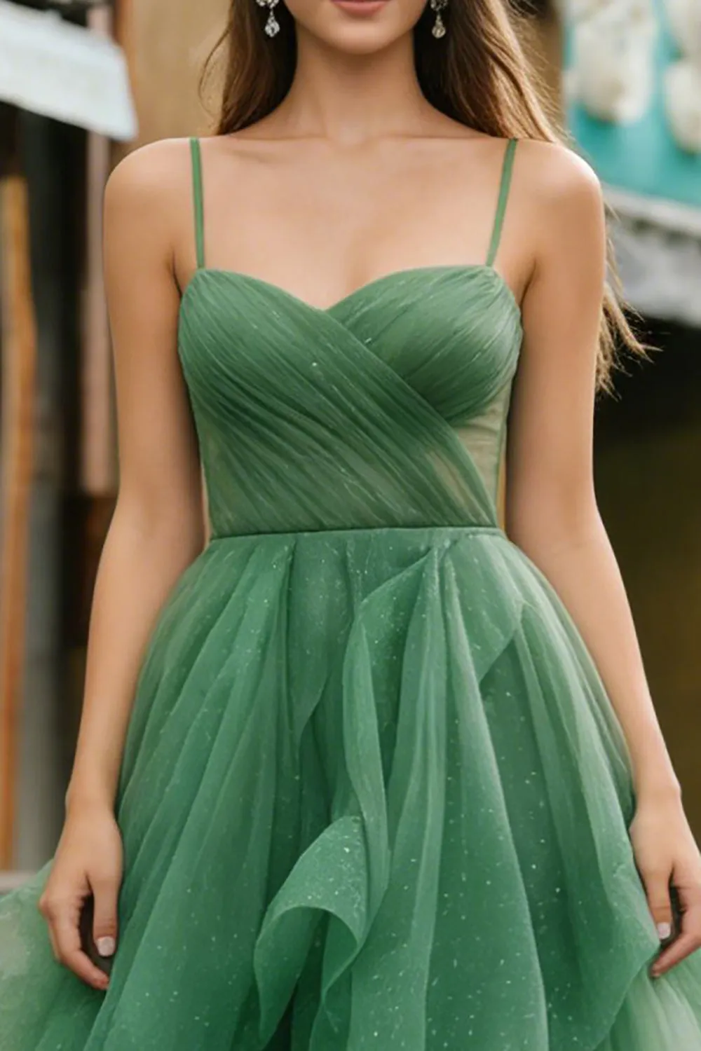 Glitter Dark Green A Line Ruffle Long Prom Dress sold by Wedtrend product image thumbnail 3