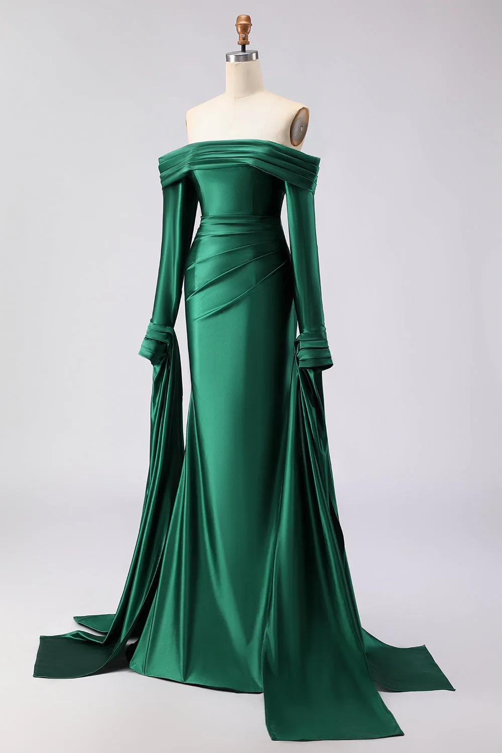 Off the Shoulder Dark Green Mermaid Ruched Prom Dress with Long Sleeves sold by Wedtrend product image thumbnail 3