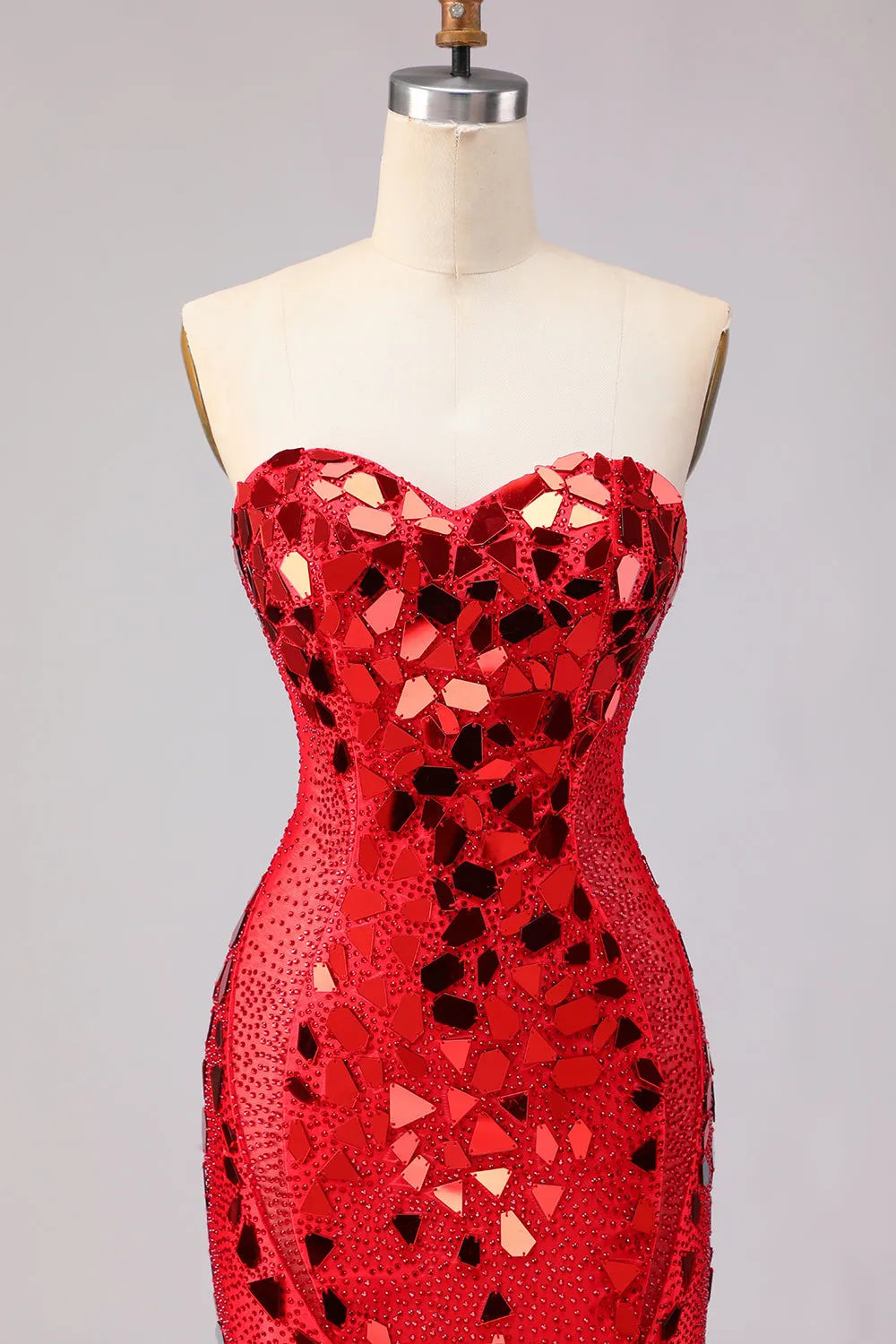 Strapless Red Mirror Beaded Mermaid Long Prom Dress with Slit sold by Wedtrend product image thumbnail 5