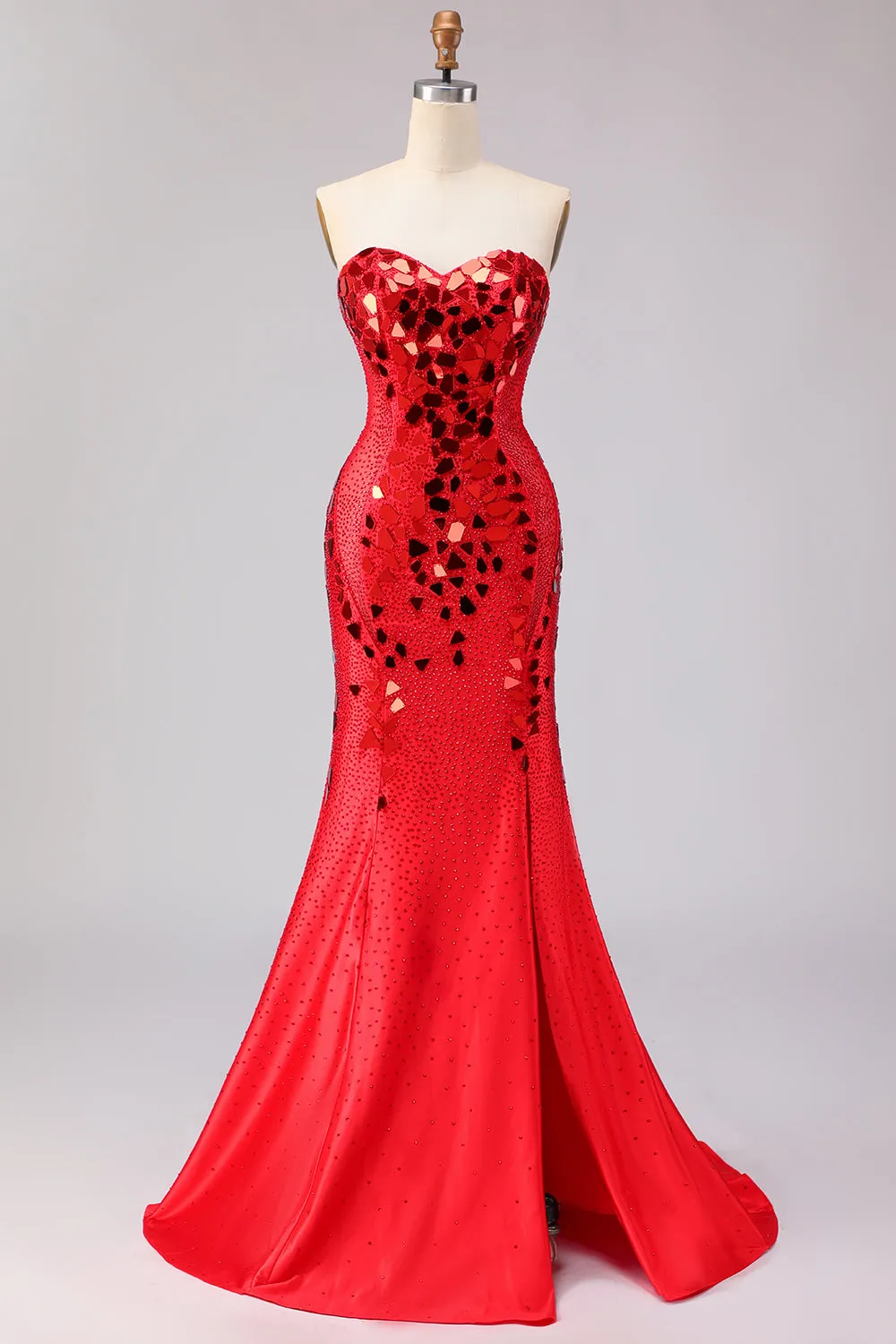 Strapless Red Mirror Beaded Mermaid Long Prom Dress with Slit sold by Wedtrend