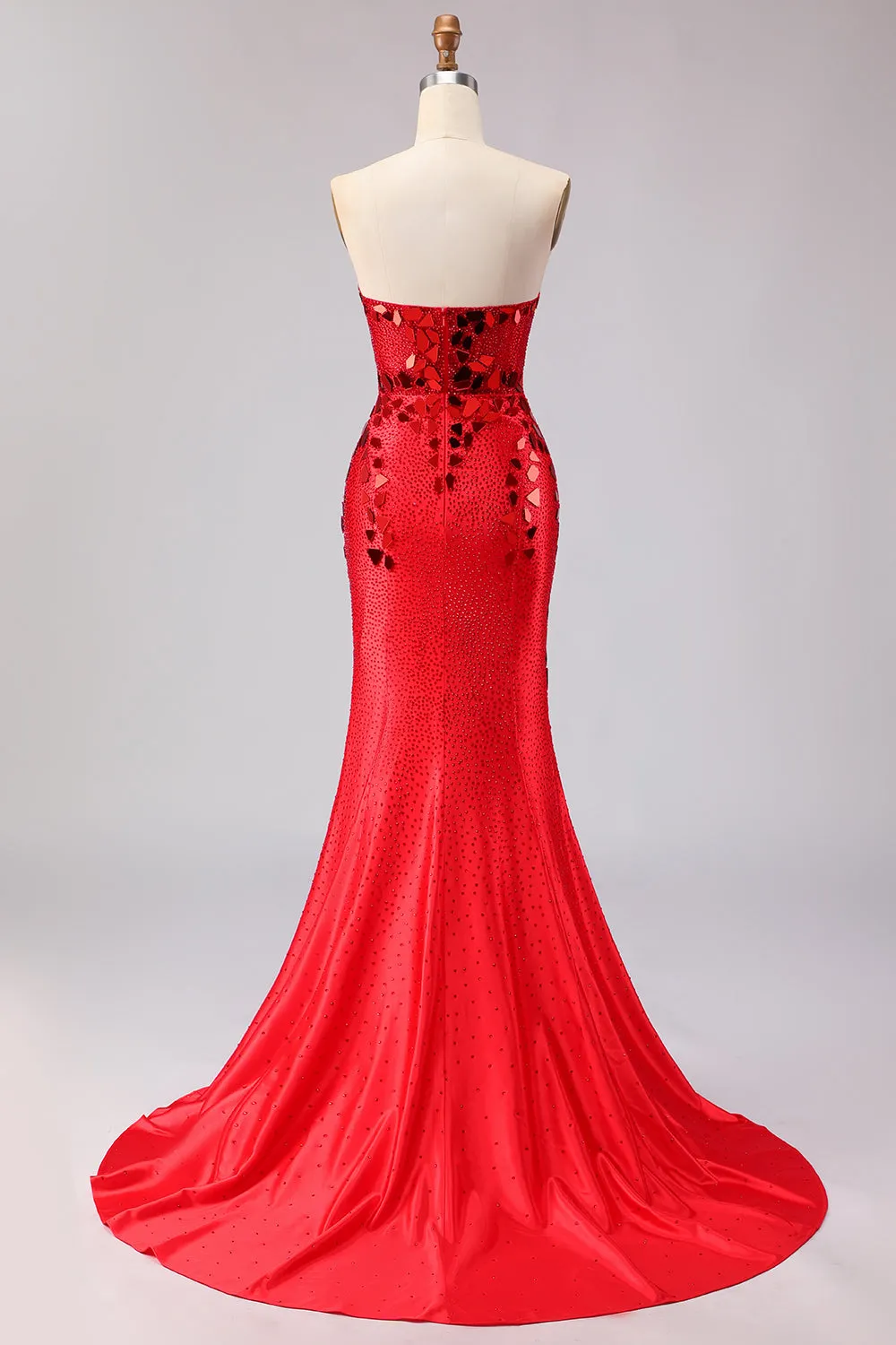 Strapless Red Mirror Beaded Mermaid Long Prom Dress with Slit sold by Wedtrend product image thumbnail 2