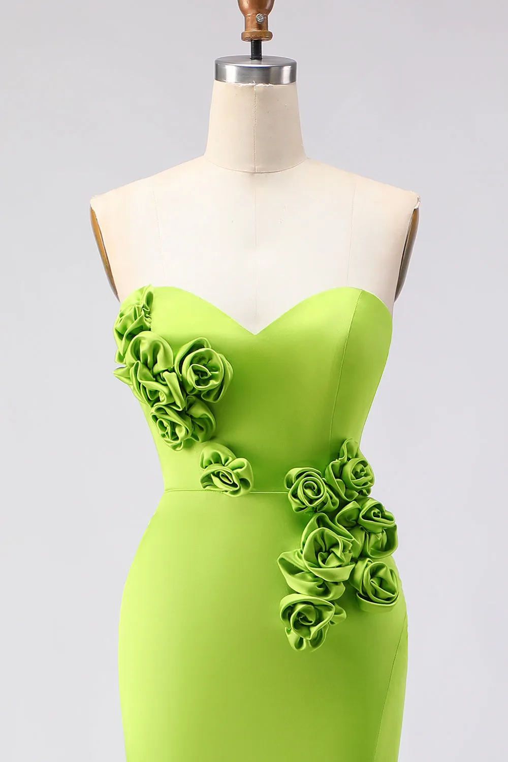 Green Strapless Mermaid 3D Flower Satin Long Prom Dress with Slit sold by Wedtrend product image thumbnail 4