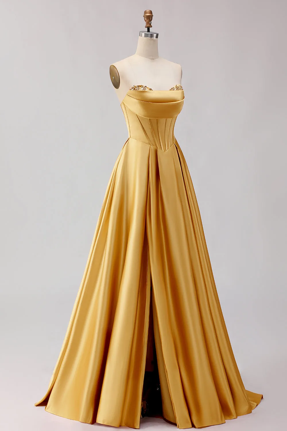 Golden A Line Beaded Strapless Corset Satin Long Prom Dress sold by Wedtrend product image thumbnail 3