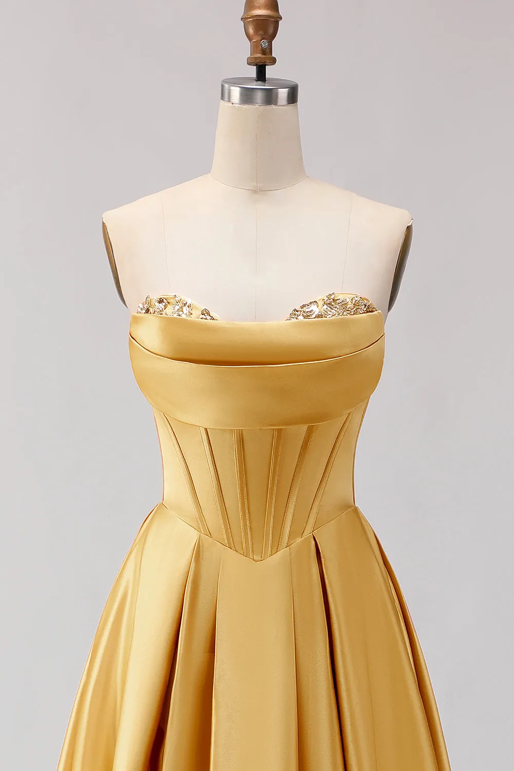 Golden A Line Beaded Strapless Corset Satin Long Prom Dress sold by Wedtrend product image thumbnail 4