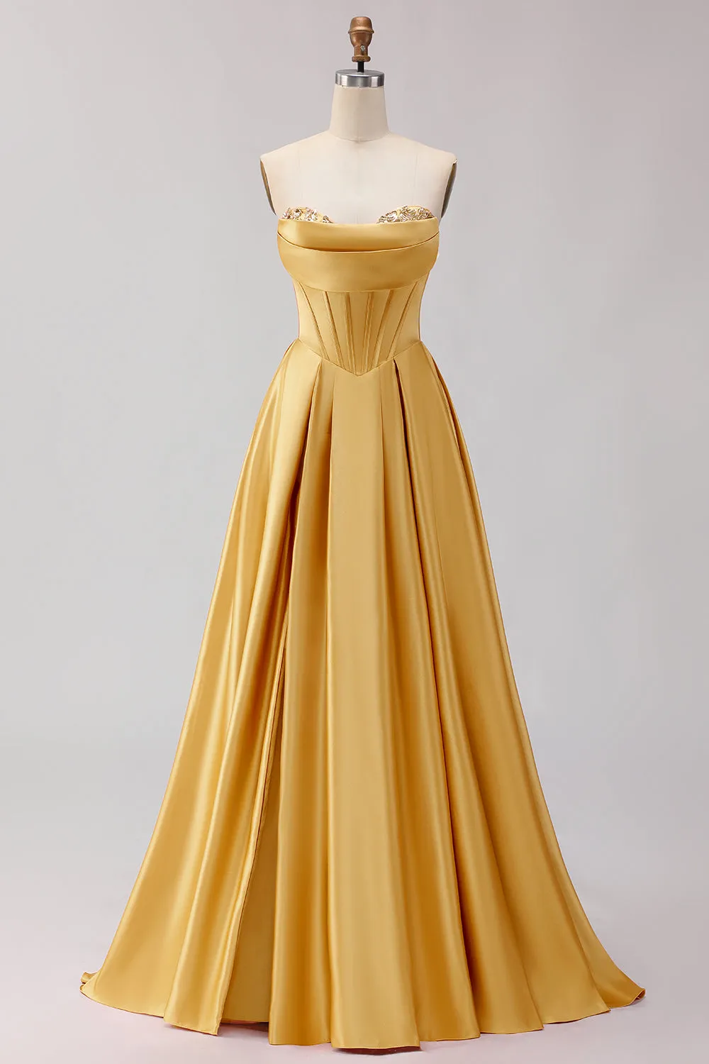 Golden A Line Beaded Strapless Corset Satin Long Prom Dress sold by Wedtrend
