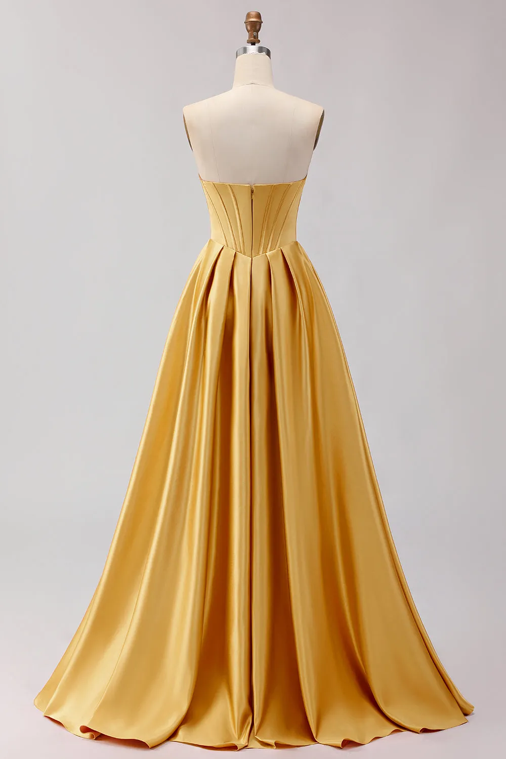 Golden A Line Beaded Strapless Corset Satin Long Prom Dress sold by Wedtrend product image thumbnail 2
