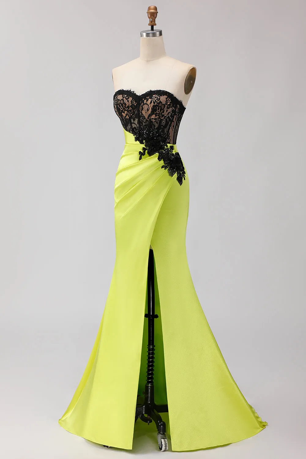 Black Green Strapless Mermaid Lace Appliqued Ruched Long Prom Dress with Slit sold by Wedtrend product image thumbnail 3