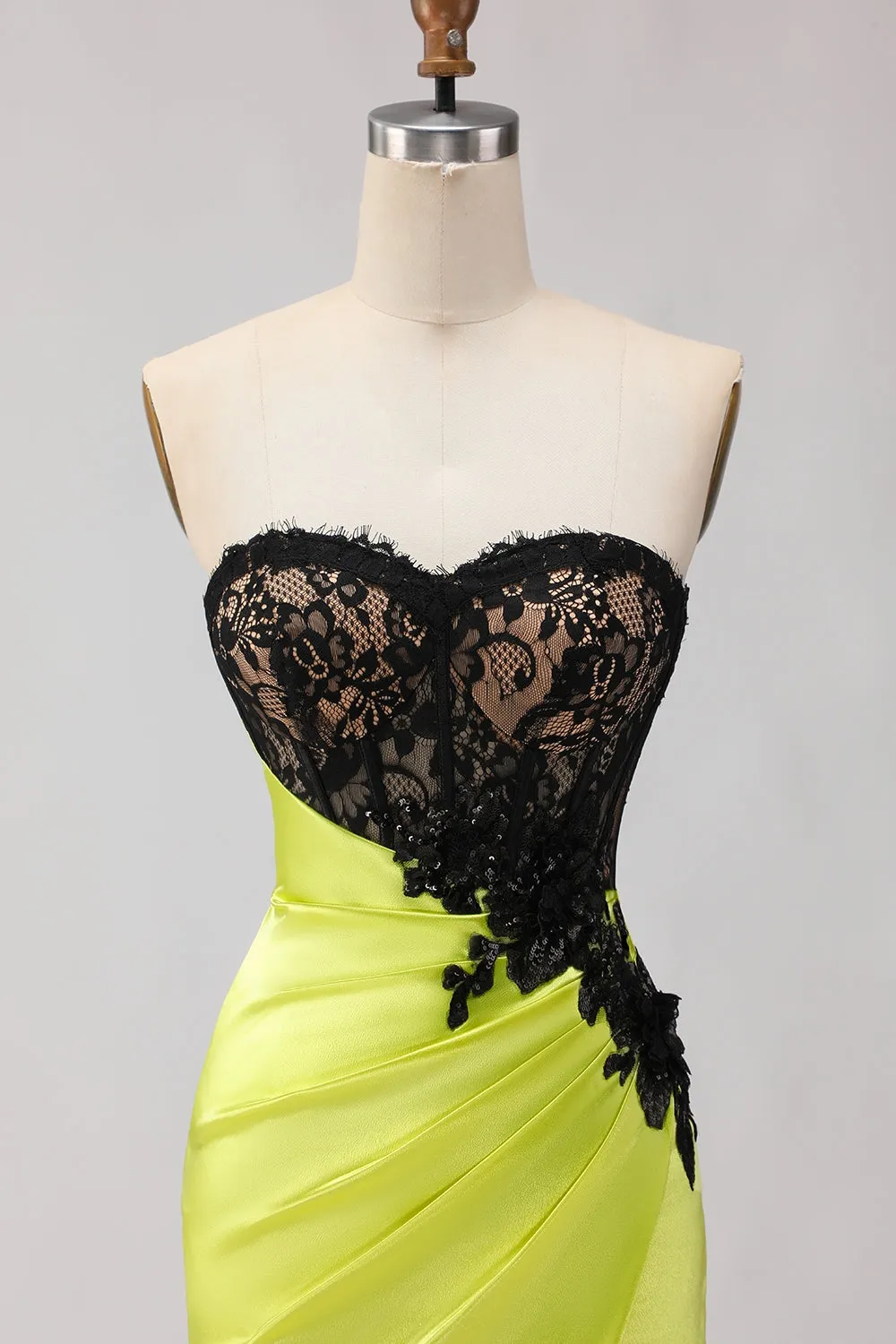Black Green Strapless Mermaid Lace Appliqued Ruched Long Prom Dress with Slit sold by Wedtrend product image thumbnail 4