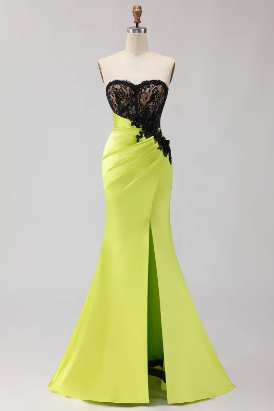 Black Green Strapless Mermaid Lace Appliqued Ruched Long Prom Dress with Slit made by Wedtrend