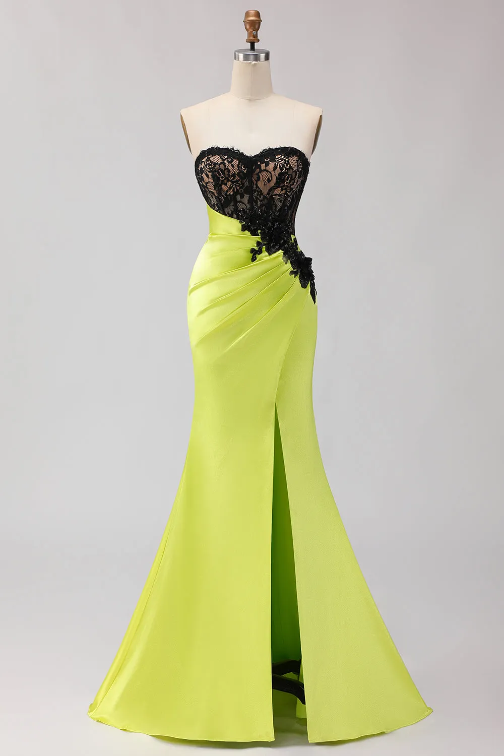 Black Green Strapless Mermaid Lace Appliqued Ruched Long Prom Dress with Slit sold by Wedtrend