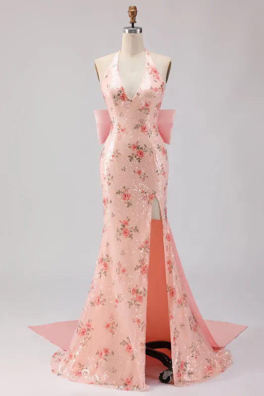 Sparkly Blush Halter Mermaid Sequins Side Slit Long Prom Dress with Large Bow made by Wedtrend
