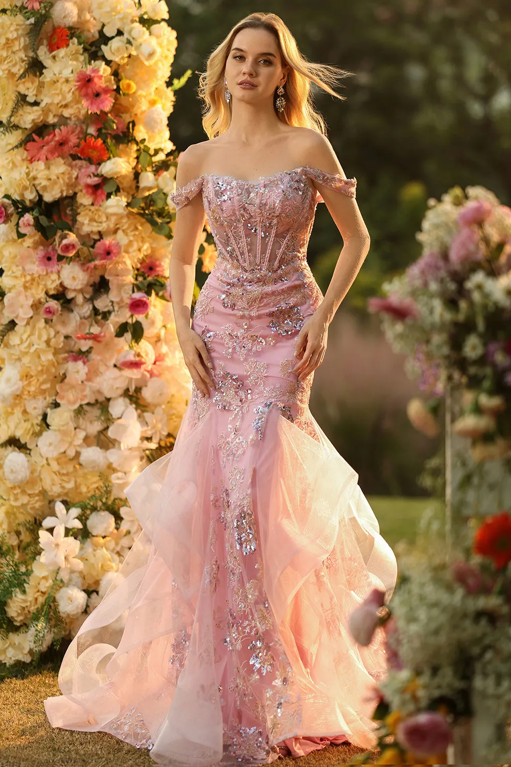 Off The Shoulder Blush Mermaid Corset Beaded Convertible Long Prom Dress with Sequins sold by Wedtrend product image thumbnail 3