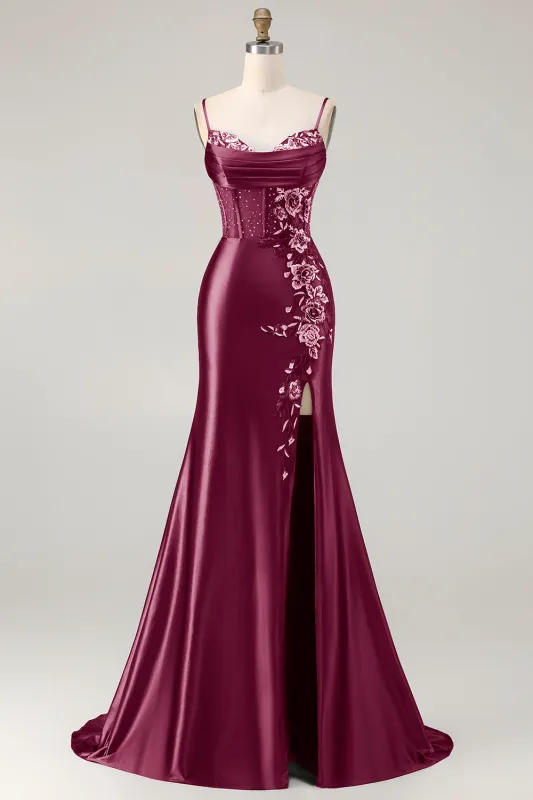 Burgundy Mermaid Beaded Satin Long Prom Dress with Slit made by Wedtrend