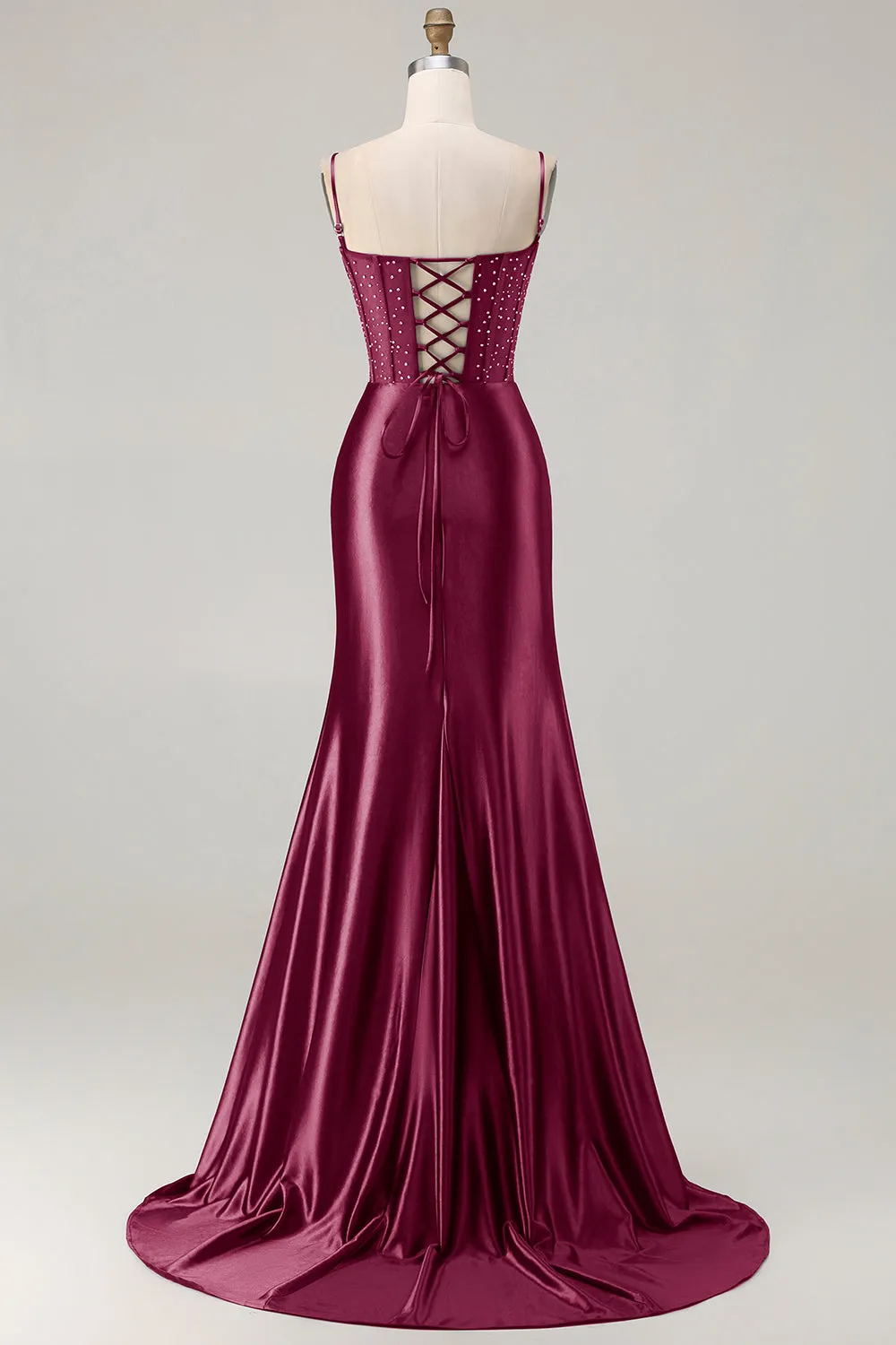 Burgundy Mermaid Beaded Satin Long Prom Dress with Slit sold by Wedtrend product image thumbnail 2