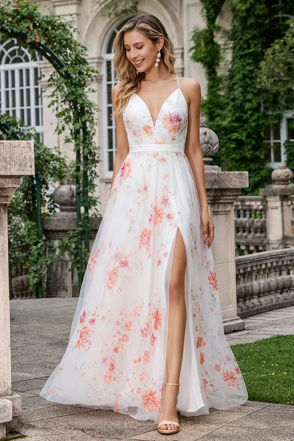 Ivory Pink Flower A Line Printed Long Prom Dress with Slit sold by Wedtrend