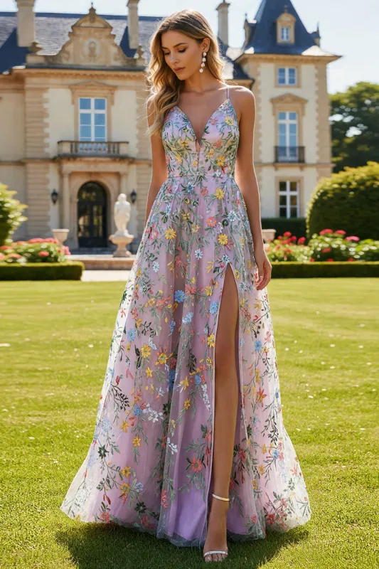 Lilac Floral A Line Embroidered Long Prom Dress with Slit made by Wedtrend
