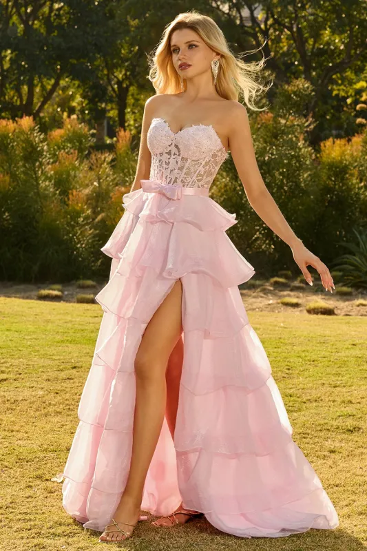 Strapless Pink A Line Beaded Corset Tiered Ruffle Long Prom Dress with Slit made by Wedtrend