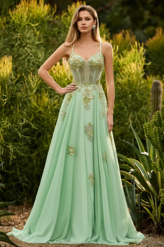 Green A-Line Corset Sequins Beaded Appliqued Long Prom Dress with Lace Up Back made by Wedtrend