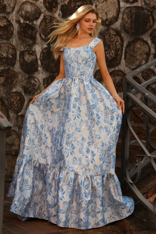 Light Blue Off the Shoulder A Line Jacquard Convertible Long Prom Dress made by Wedtrend