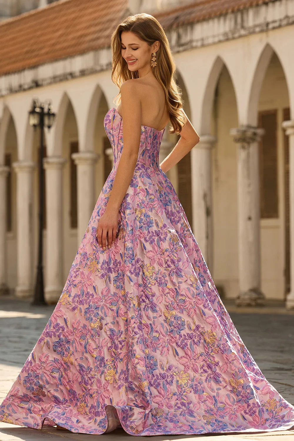 Strapless A Line Lilac Jacquard Corset Long Prom Dress sold by Wedtrend product image thumbnail 2