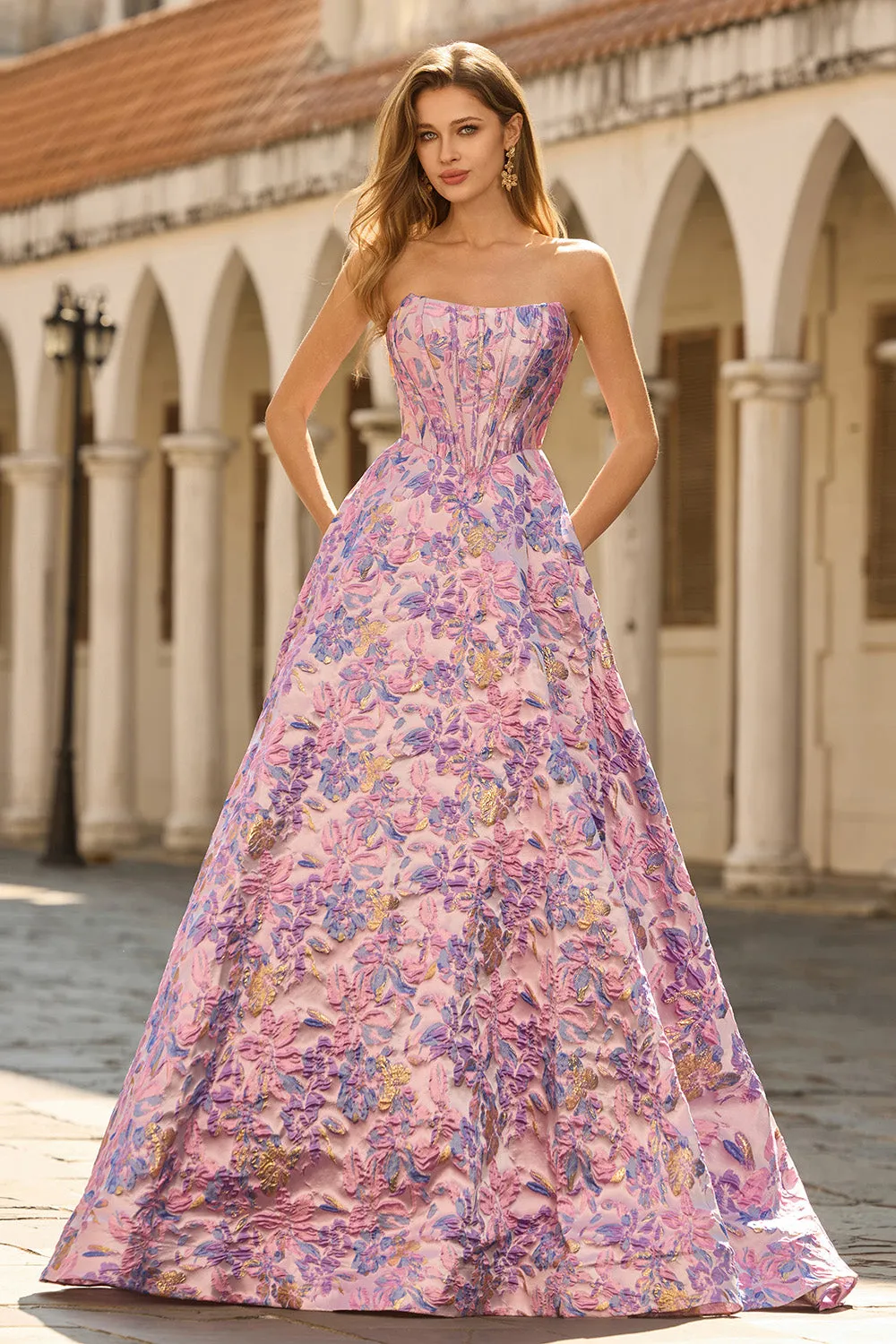 Strapless A Line Lilac Jacquard Corset Long Prom Dress sold by Wedtrend product image thumbnail 3