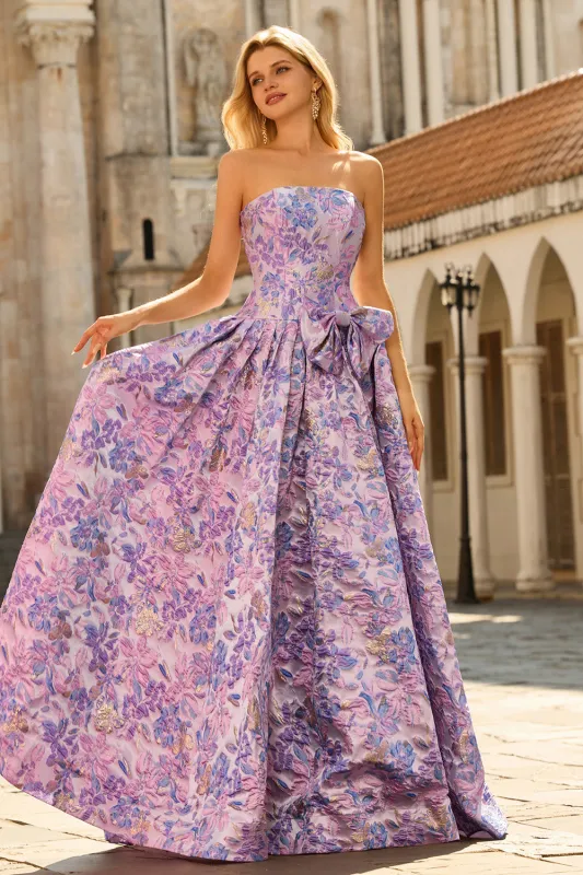 Lilac A Line Jacquard Strapless Long Prom Dress with Bow made by Wedtrend