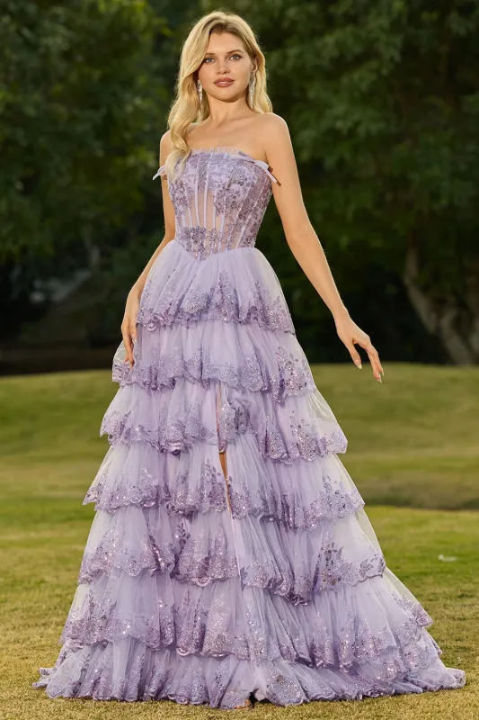 Lilac Floral Strapless A Line Tiered Ruffle Corset Long Prom Dress with Slit made by Wedtrend