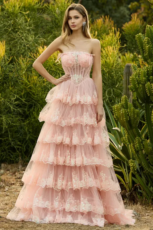 Strapless Blush A Line Tiered Ruffle Corset Long Prom Dress with Slit made by Wedtrend