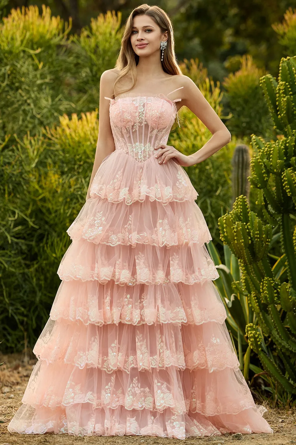 Strapless Blush A Line Tiered Ruffle Corset Long Prom Dress with Slit sold by Wedtrend product image thumbnail 3