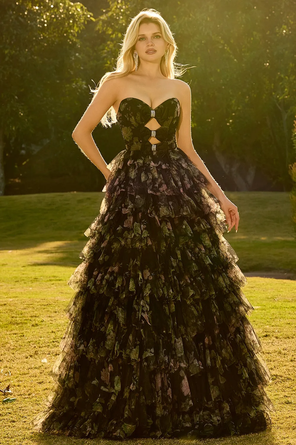 Black A Line Strapless Cut Out Tiered Ruffle Long Prom Dress with Bows sold by Wedtrend product image thumbnail 4