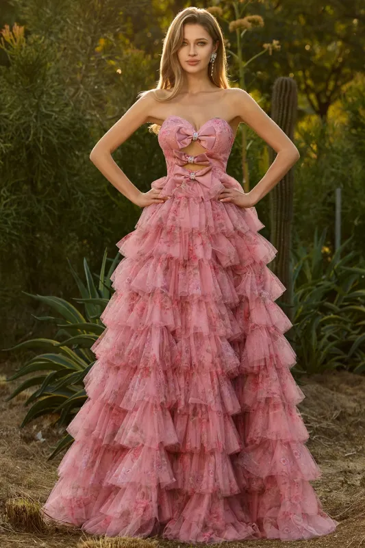 Pink Flower A Line Strapless Cut Out Tiered Ruffle Long Prom Dress with Bows made by Wedtrend
