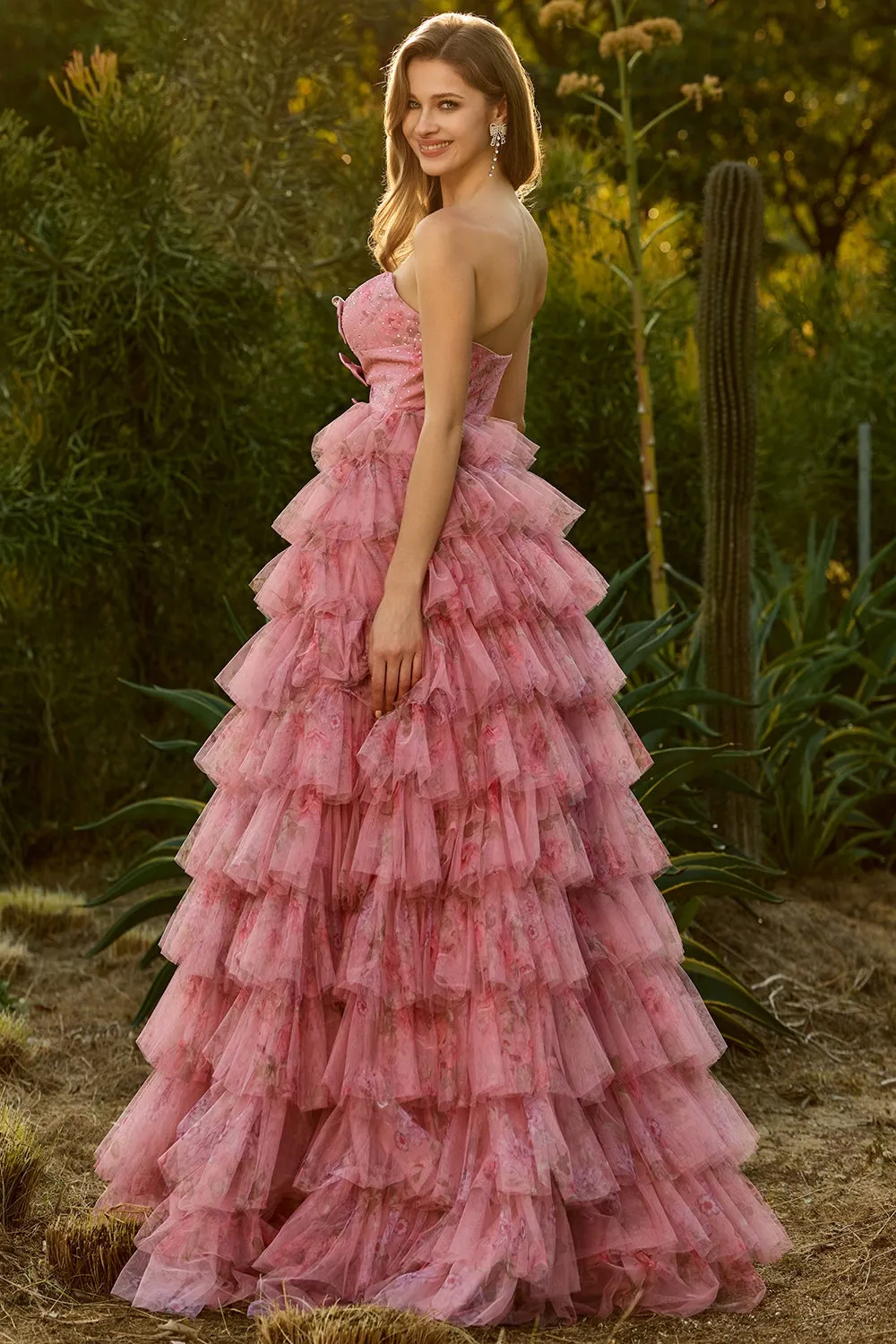 Pink Flower A Line Strapless Cut Out Tiered Ruffle Long Prom Dress with Bows sold by Wedtrend product image thumbnail 2