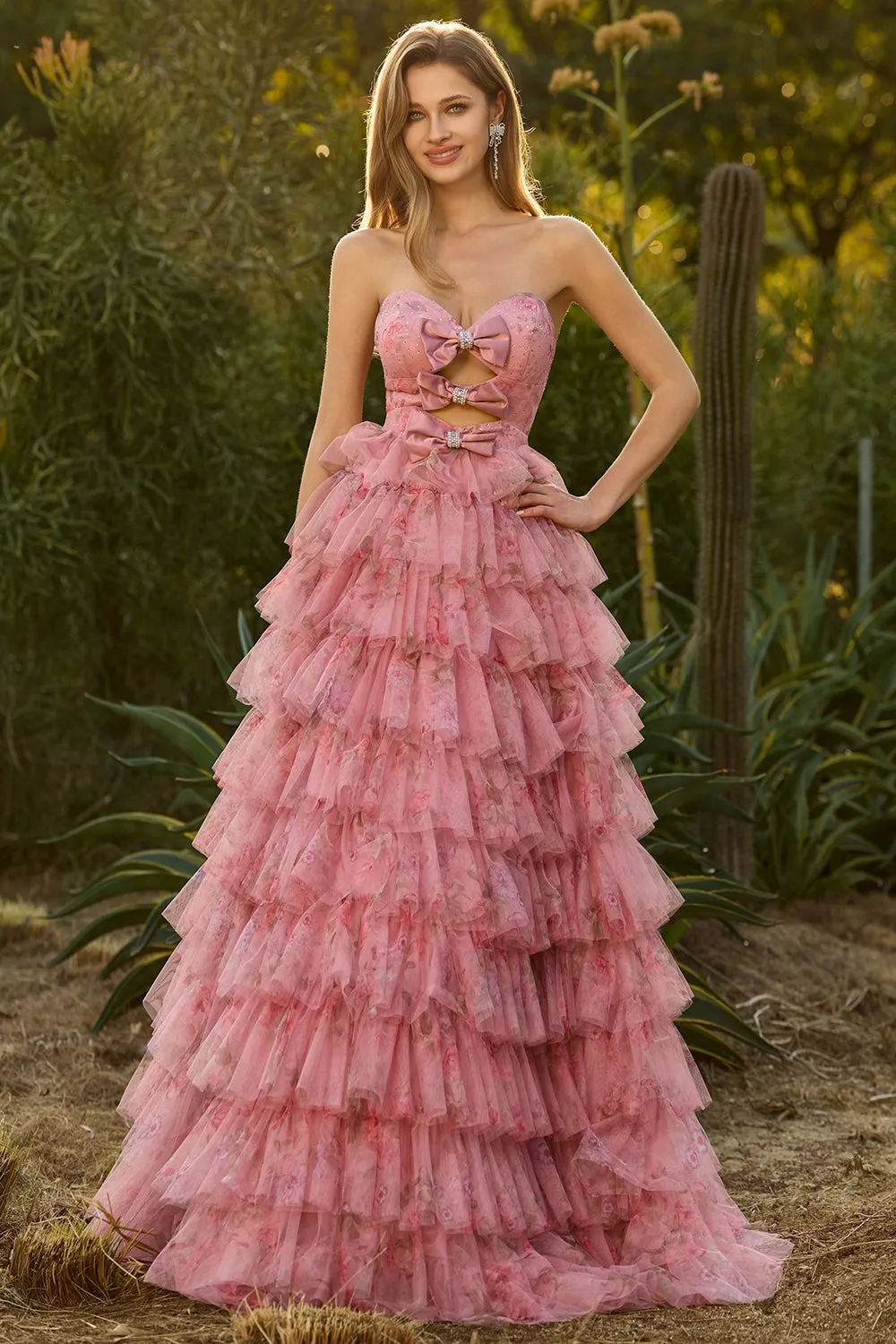 Pink Flower A Line Strapless Cut Out Tiered Ruffle Long Prom Dress with Bows sold by Wedtrend product image thumbnail 3