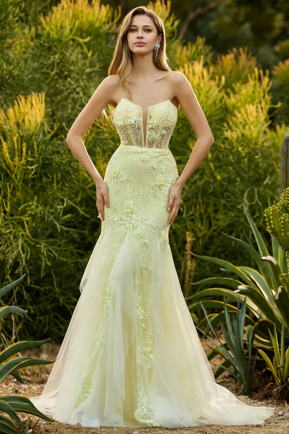 Yellow Strapless Mermaid Corset Lace Long Prom Dress with Sequins sold by Wedtrend product image thumbnail 4